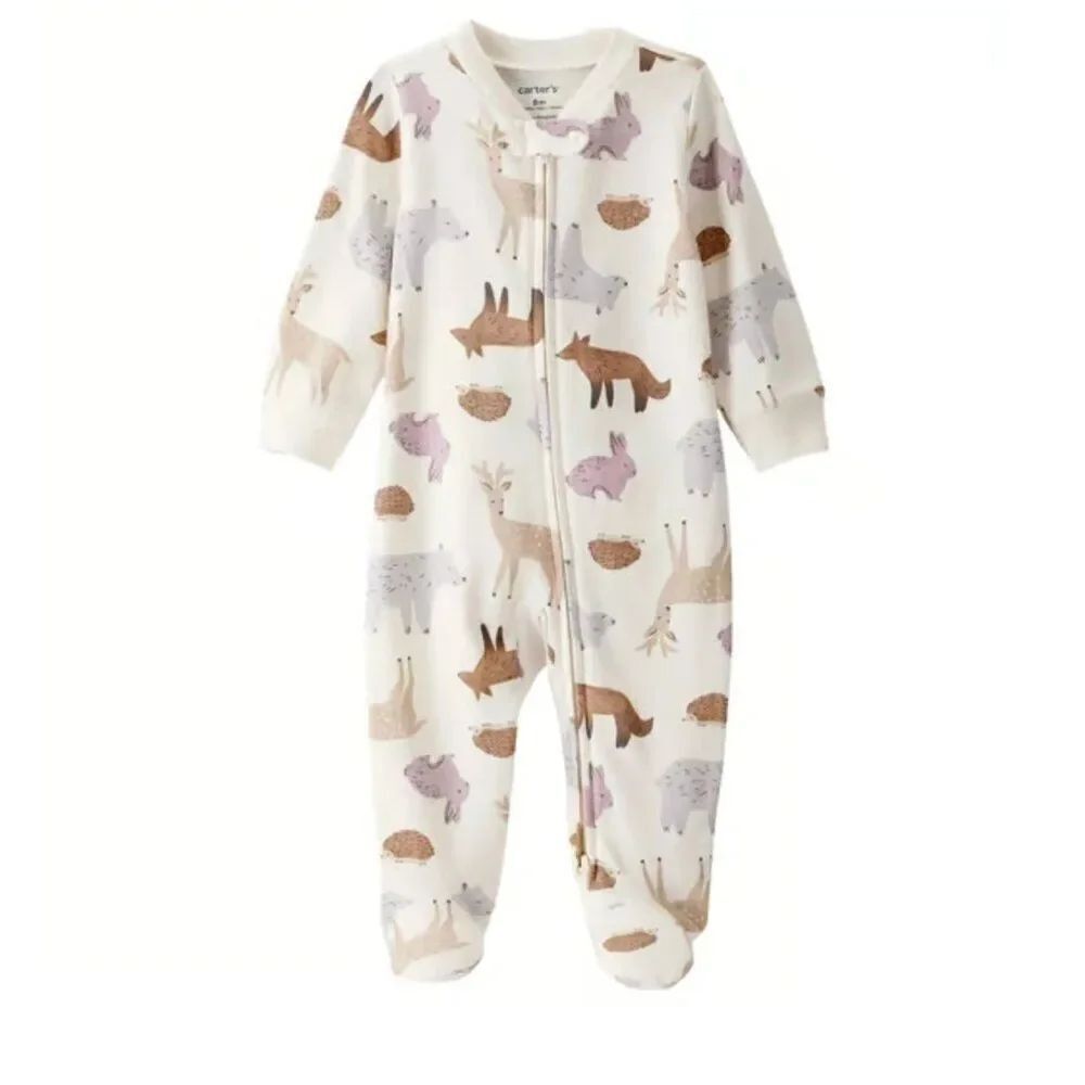 Carter's Cream with Woodland Animal print double zipper footie NWT size 9m